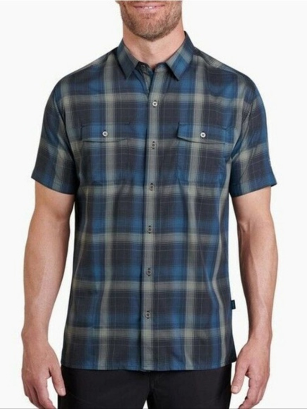Kuhl Men's Blue and Gray Plaid Short Sleeve Button-Down Shirt response shirt